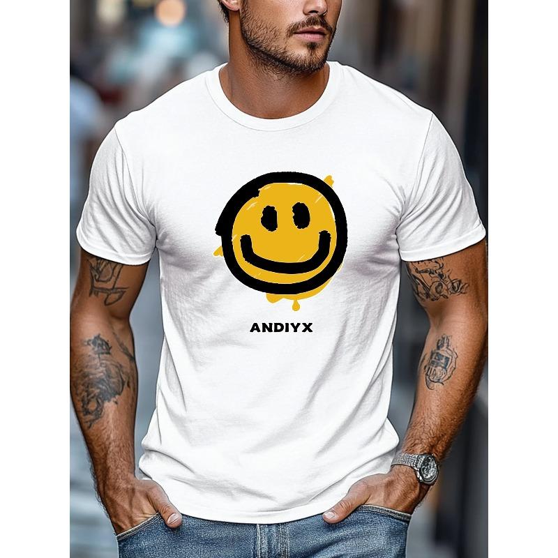 European Size Comfortable and Versatile, Simple and Stylish, Men's Yellow Joyful Face Pattern Summer Casual Crew Neck Short Sleeve T-shirt