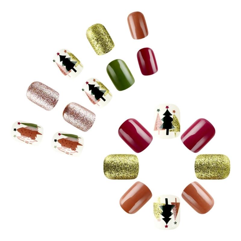 24 Pcs Full Cover Stick on Nails Christmas Press On Nails Artificial Nails Short False Nails with Christmas Tree Designs