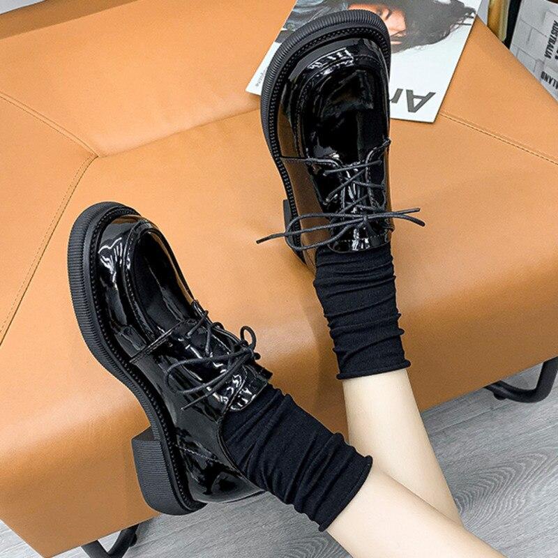 New  Black Punk Platform Women Loafers Round Toe Chunky Heel Vintage Shoes Women Slip On High Heel Women Pumps