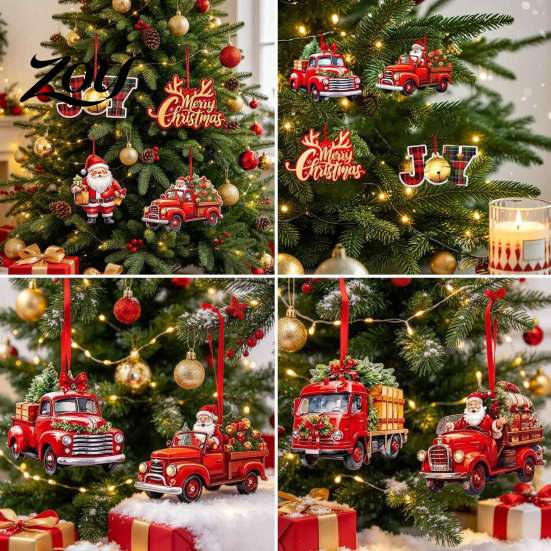 Holiday Party Supplies 12/24/36Pcs Christmas Wooden Ornaments, Santa Claus Red Truck Hanging Decorations with Rope, Indoor Festive Ornaments Xmas Tree