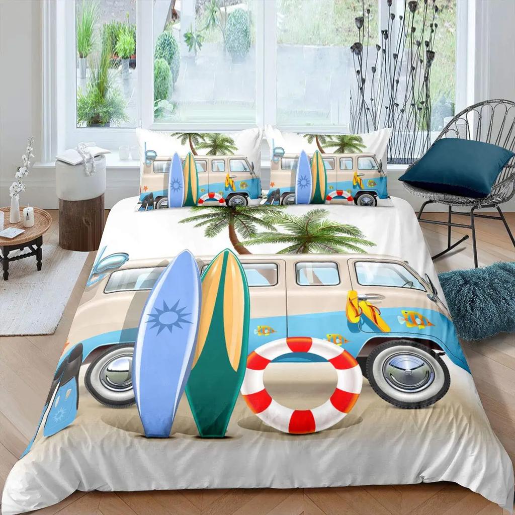 Surf Duvet Cover Set Beach Printed Hawaii Vacation Bedding Set for Adult Women Girl Tropical Botanical Polyester Comforter Cover