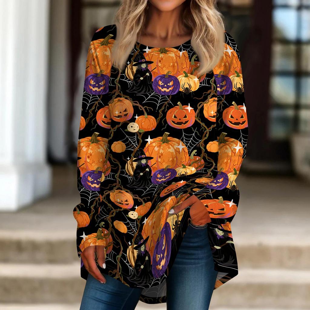 Women's Long Sleeve Halloween T-Shirt Loose Fit Crewneck Casual Print Top