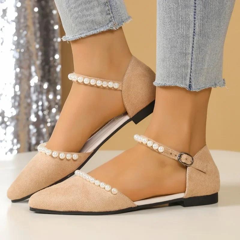 

Fashion Shoes for Women 2025 Closed Toe Women s Sandals Concise Daily Ladies Pointed Toe String Bead Buckle Strap Cover Heel Flat Shoes 35