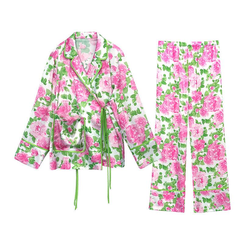 

Пижамный комплект с кимоно с цветочным принтом для женщин, комплект из атласных брюк с длинным рукавом, ретро-пижама, одежда для сна, домашняя одежда XL розовый