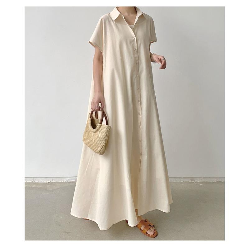 Skirt Short Sleeve Hemp Dress Women Loose Lapel Casual Shirt Dress