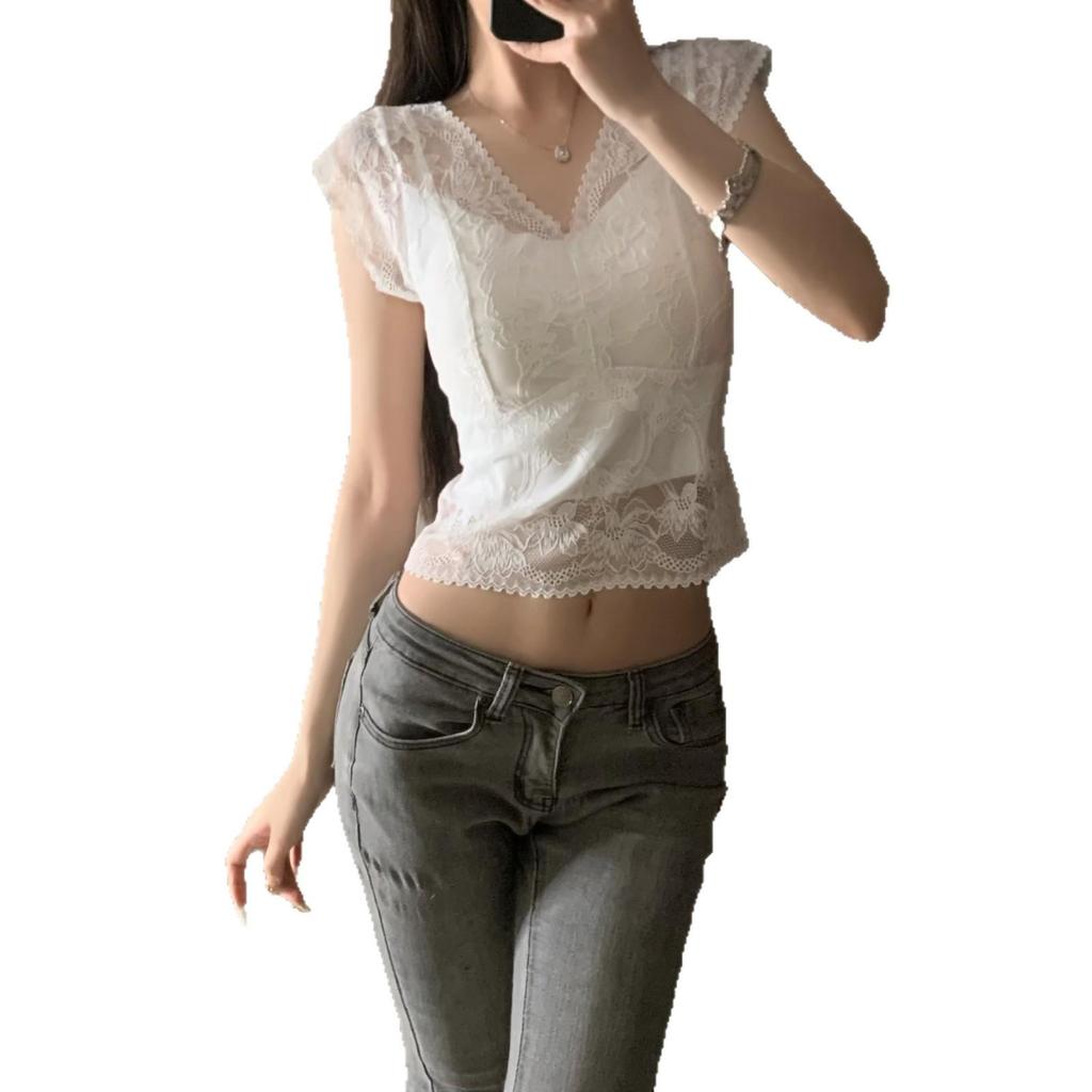 Women's Slim-Fit Lace Tank Top with Bra Pads, Cut-Out Back, Wide Shoulders, Spring/Summer Wear