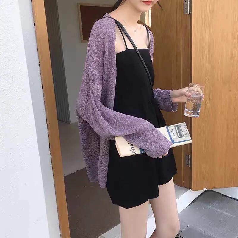 Women's Spring Solid Color Loose Lazy Wind Knitted Cardigan Simple Leisure Long-sleeved Sun Shirt