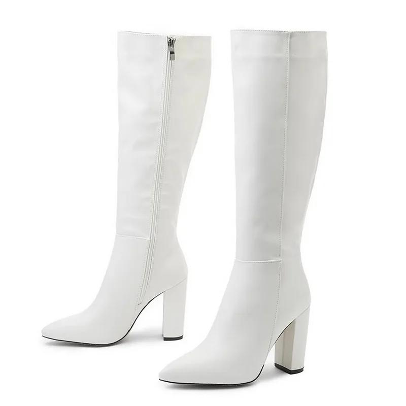 Sexy Pointed Toe Side Long Zipper Knight Boots Fashion Soft Leather Knee-high Women Boot Square High-heeledclub Dance Party Shoe