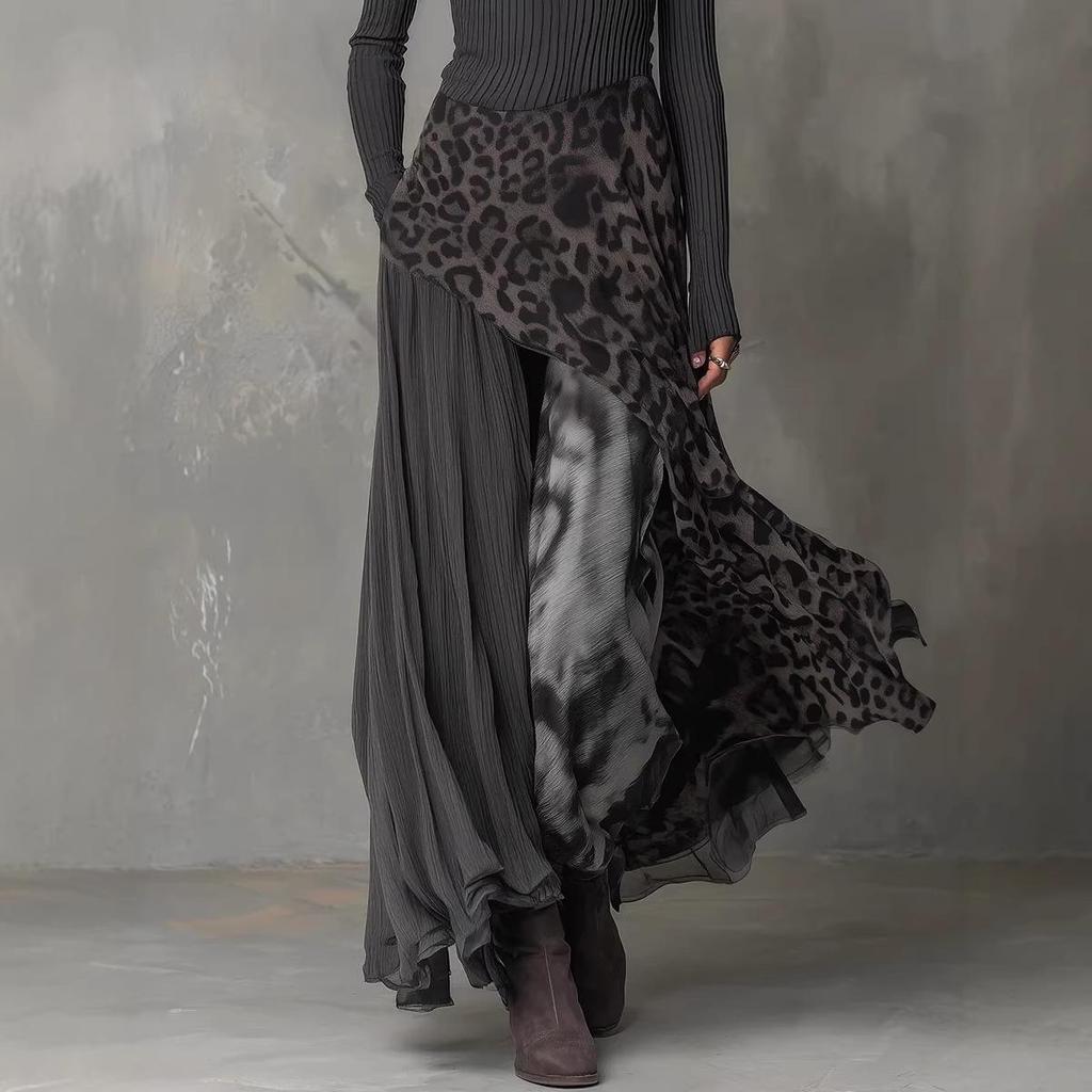 2026 Leopard Print Elastic Waist Wide Hem Casual Dress for Europe and America
