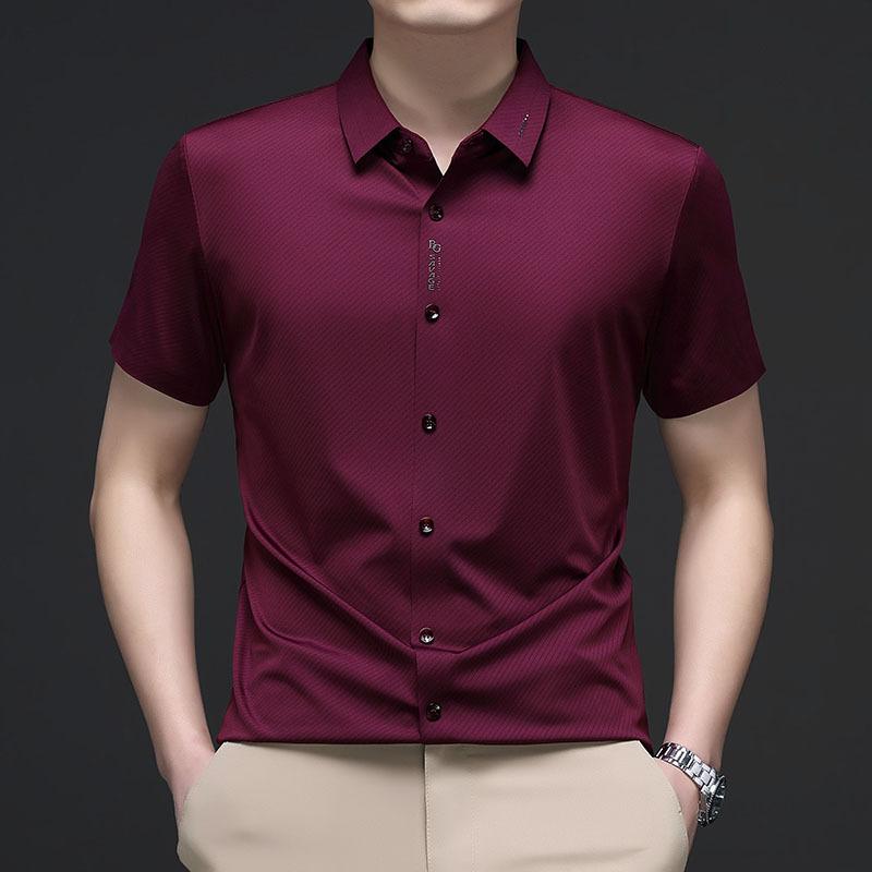 

Summer Men S Short Sleeve Shirt Ice Silk Traceless Non-Ironing Striped Printed Lapel Medium Half Sleeve Shirt Men S Clothing 165/M/105 красный
