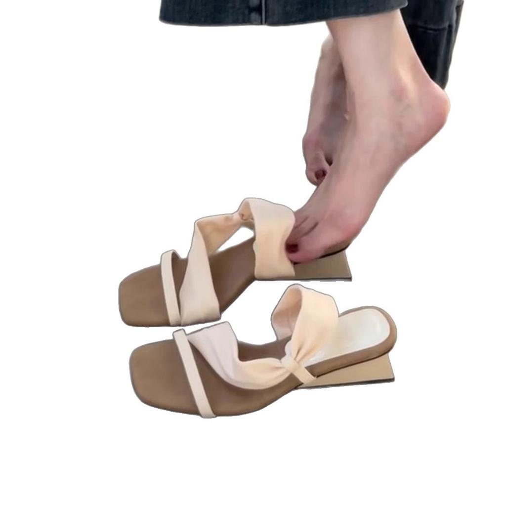 Sheepskin version~ Wedge heel French temperament square head sandals women's word with slippers open toe with skirt high heel cool slippers