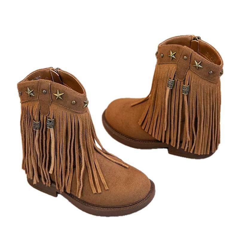 Youth Style Shoes Girls Western Style Ankle Boots Kids Slip-On Fashion With Rubber Sole Fringe Detail