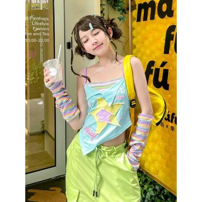 Nep Twee Delen Kleurcontrasterend Tanktop Strik Letter Ster Patchwork Slim Topjes Zoete Y2k Esthetiek Casual Mode Alles Passend Camisole