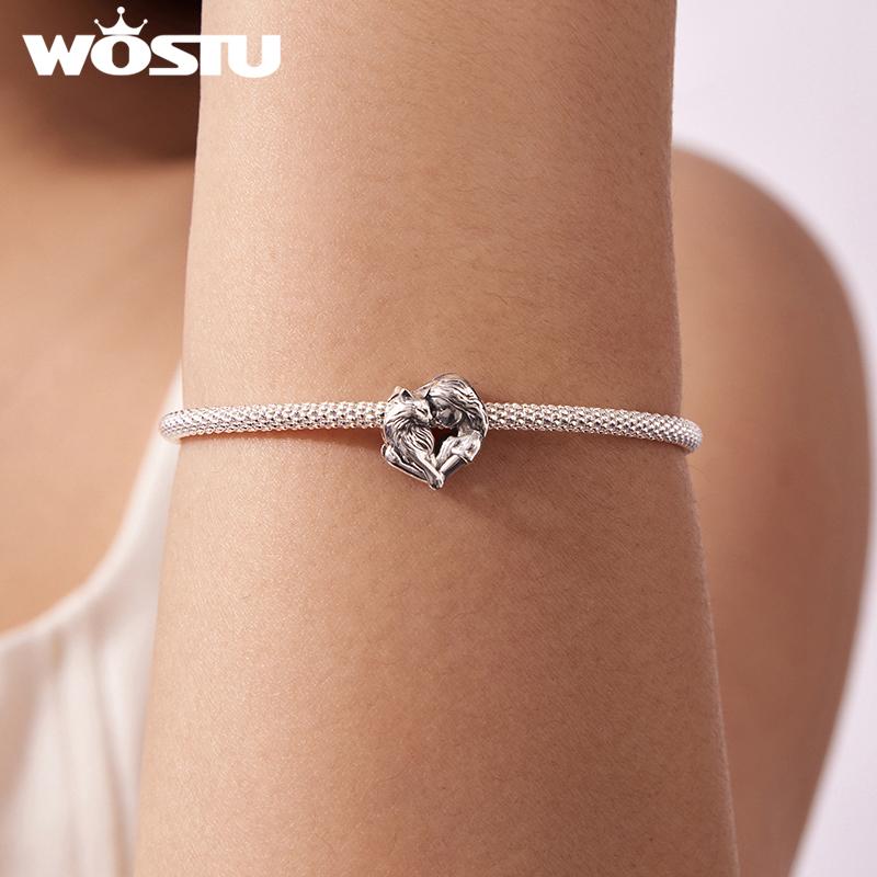 WOSTU Real 925 Sterling Silver Girl Cat Dog Charm Pendant Heart Beads Fit Bracelet Necklace DIY Jewelry Gift For Pet Lover
