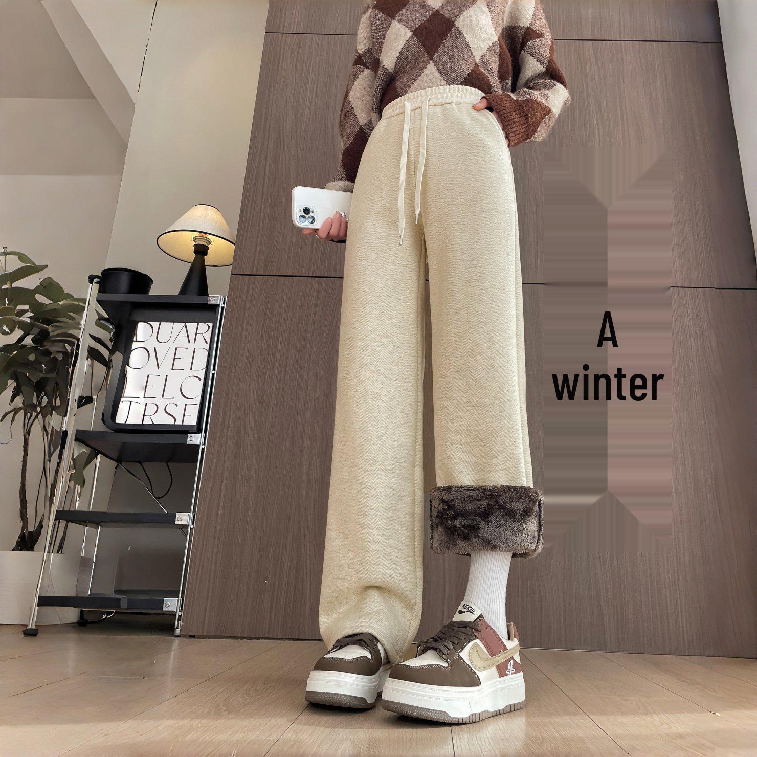 

High Waist Elastic Drawstring Lambswool Pants - Slimming Wide Leg, Autumn/Winter Casual Style M, 95-105 jin