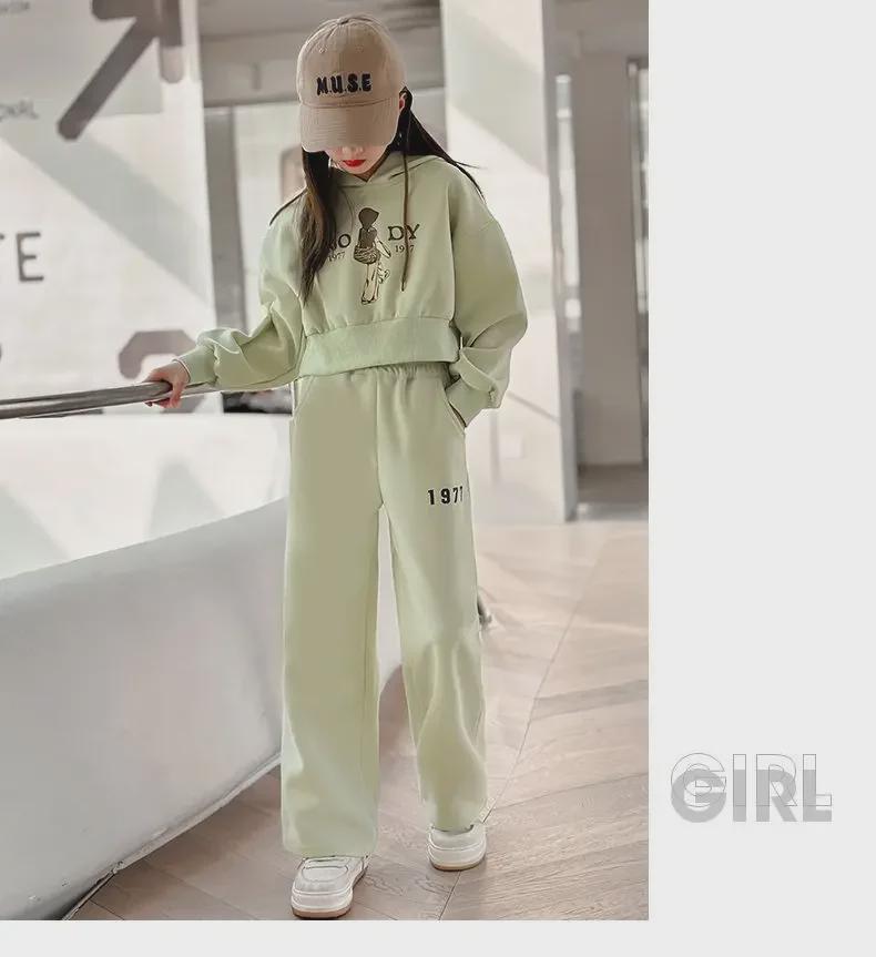 Girls' Spring/Autumn Letter Casual Hooded Sweatshirt & Trousers Set - Internet Celebrity Style Two-Piece Suit