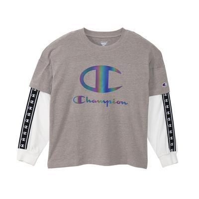 Camiseta Infantil Manga Longa Gola Redonda Secagem Rápida Stretch Logo Script Camada Manga Longa Escola Meninos Esportes Cinza Oxford [Champion] Camiseta CK-YS402