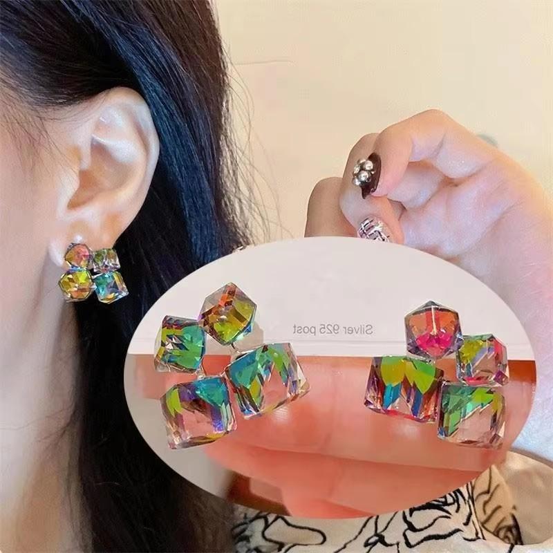 925 Silver Needle Korean Fashion Zircon Geometric Earrings For Women Jewelry Trending Luxury Crystal Cross Stud Earrings