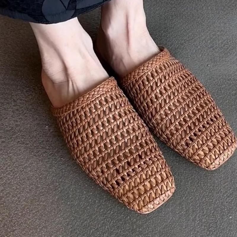 Soft Sheepskin~ Hollow-woven Breathable Bag Head Half-dragging Girl Wearing Summer Fairy Temperament Cool Slippers