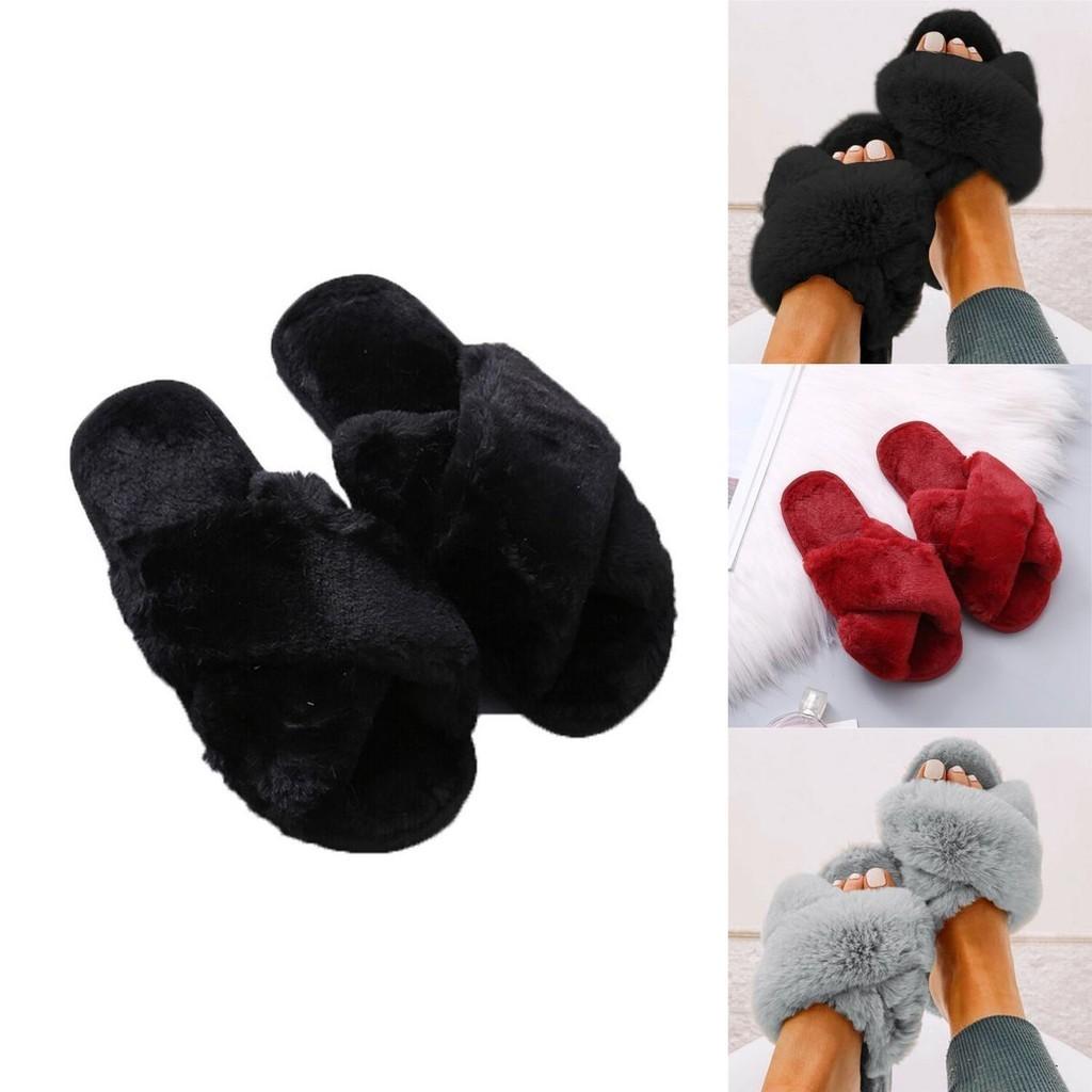 Stylish Ladies Fur Fluffy Slippers Cross Furry Summer Mules Shoes In Black