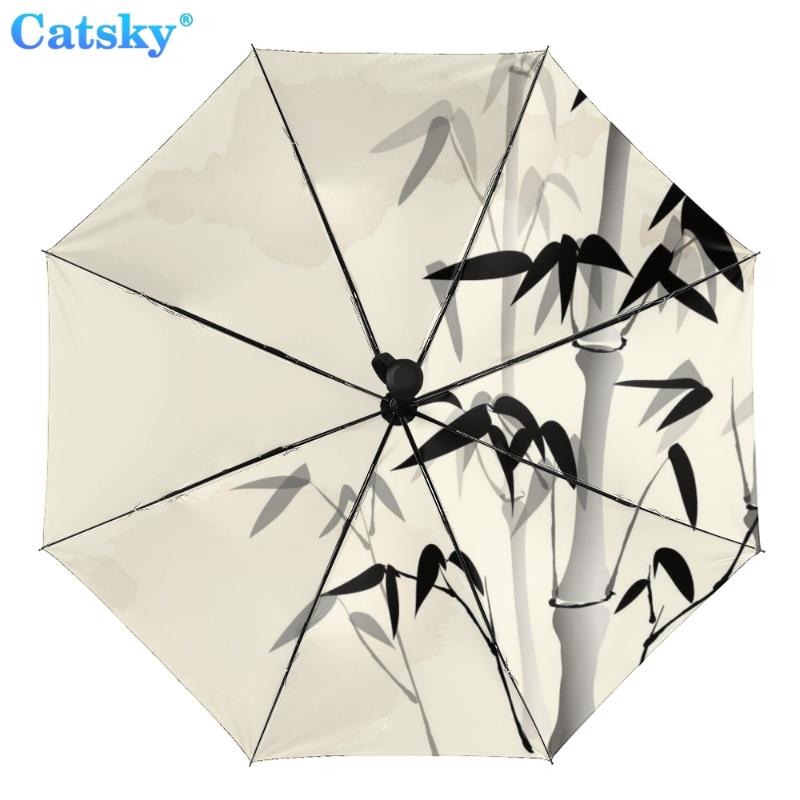 

Полностью автоматический трехстворчатый складной зонт с китайской росписью и черным покрытием, анти-УФ-защита от солнца, женский зонтик от дождя