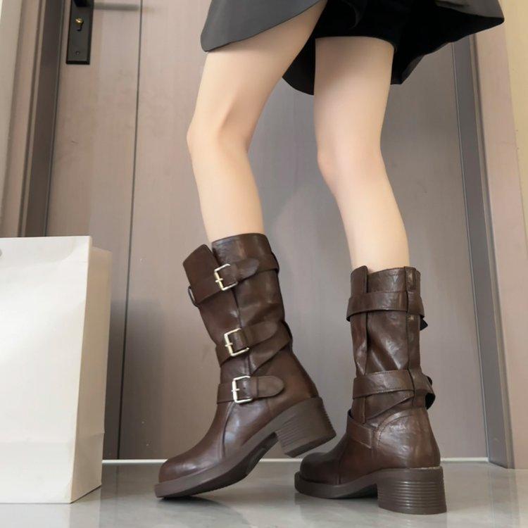 4/6Cm heightening thick-soled trouser boots women's autumn knight boots children's long boots thick heel buckle belt medium tube stacking boots