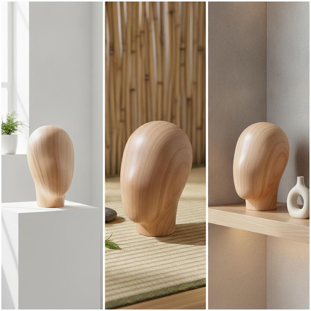 Testa di Manichino con Base Stand Finitura Legno Leggera per Rivenditori