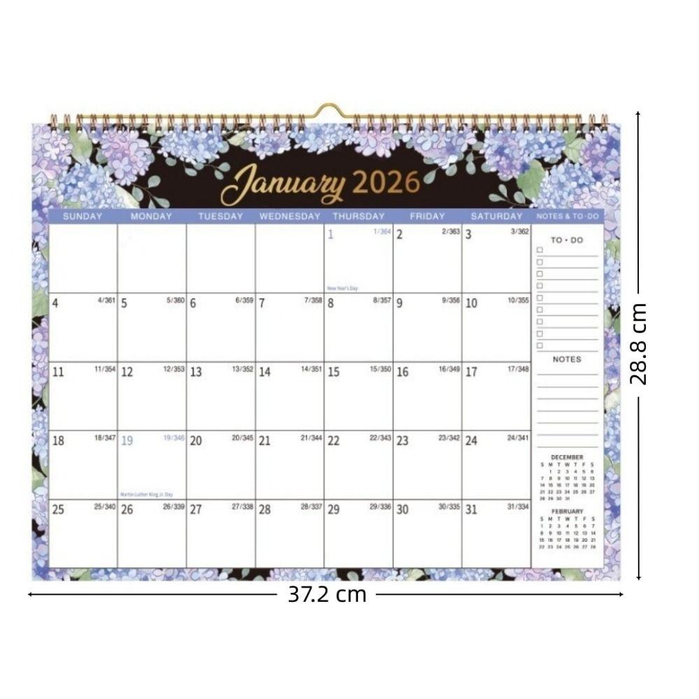 New 2026 Jan.- Dec. Wall Calendar Spiral Binding Flower Pattern Hanging Calendar 12-Month Wall Mount Monthly Calendar Office Use