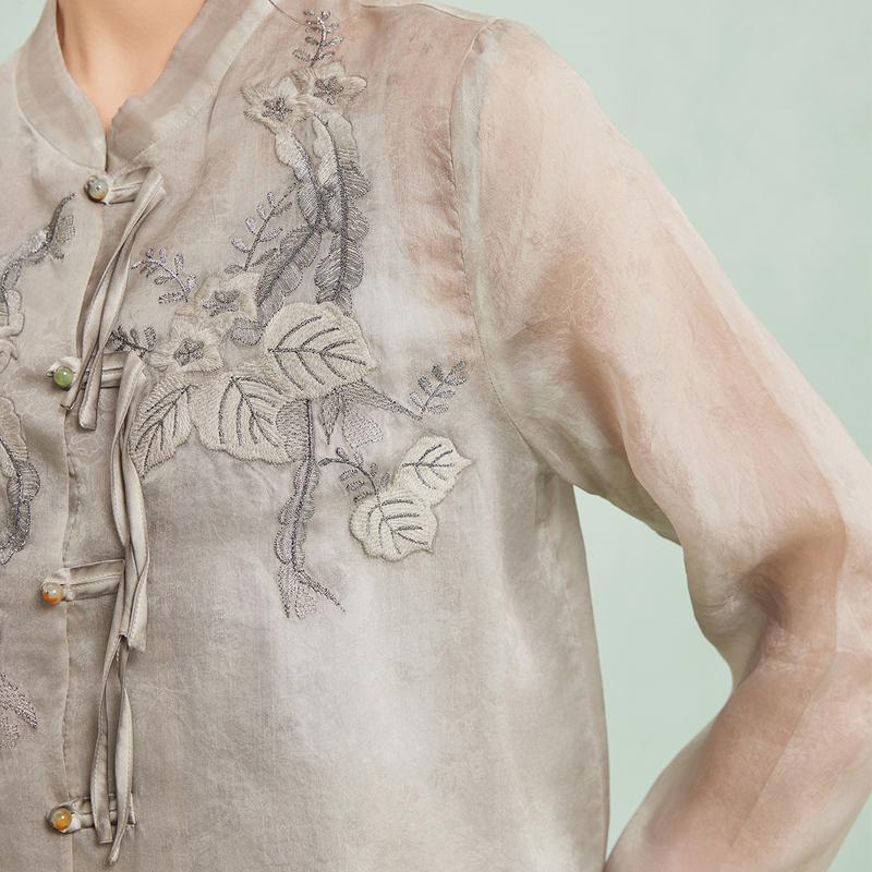 Elegant Silk Stand Collar New Chinese Style Mulberry Silk Shirt