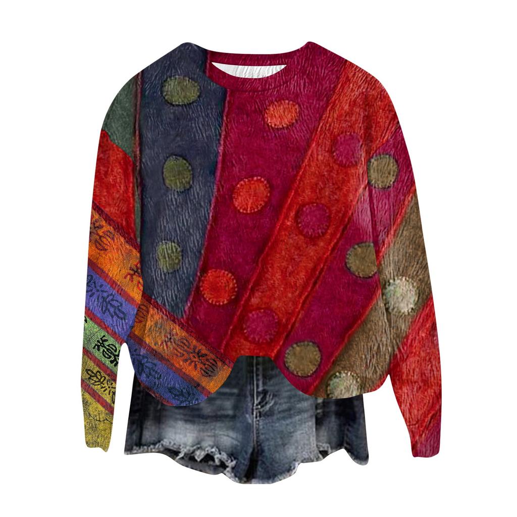 Women's Fashion Round Neck Pullover Top Long Sleeve Tee Printed Sweatshirt