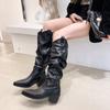 2025 New Knee Knight Boots Pointed Thick Heel Thin Boots British Style Two Wear Matte Leather Pile Boots Women