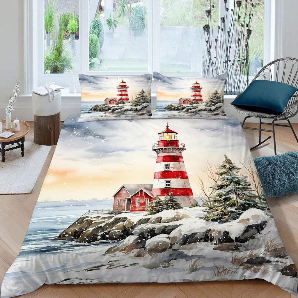 Maritimt påslakan Segelbåt Fyr Påslakan Akvarell Havstema Sängkläder Sommar Strand Polyester Täckeöverdrag