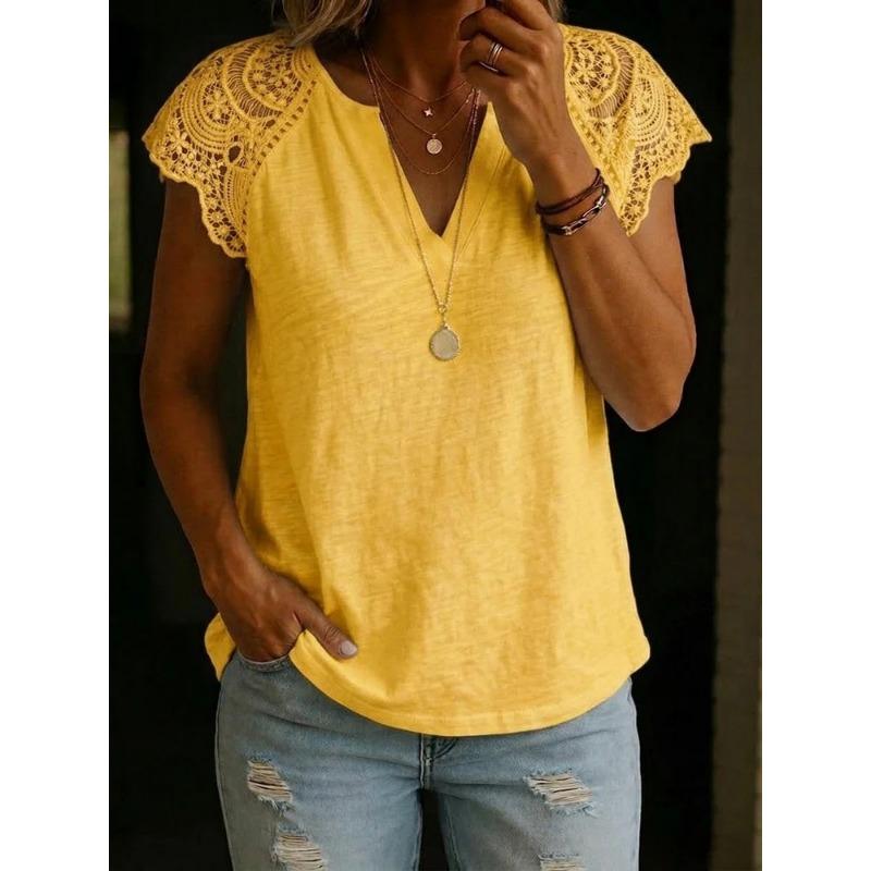 Women V Neck Lace Patchwork Short Sleeve Loose Casual Comfortable Summer New T Shirt Top