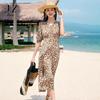 Jiuzi Anna Kou Elegant Holiday Plant Printed Bubble Wrinkle Texture Waist Dress for Women 2025 Summer New Style