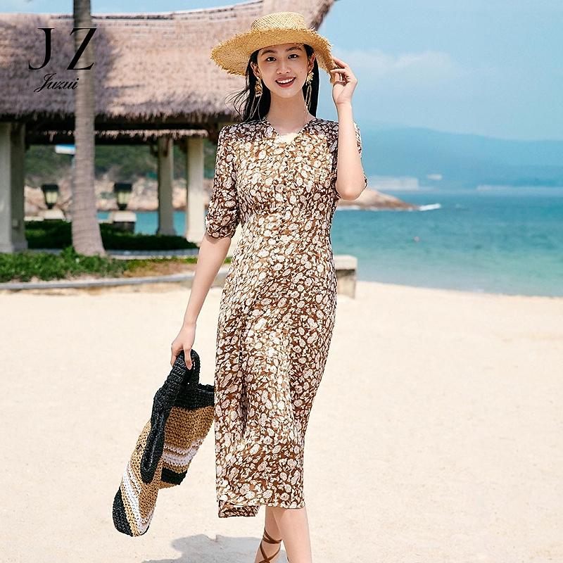 Jiuzi Anna Kou Elegant Holiday Plant Printed Bubble Wrinkle Texture Waist Dress for Women 2025 Summer New Style