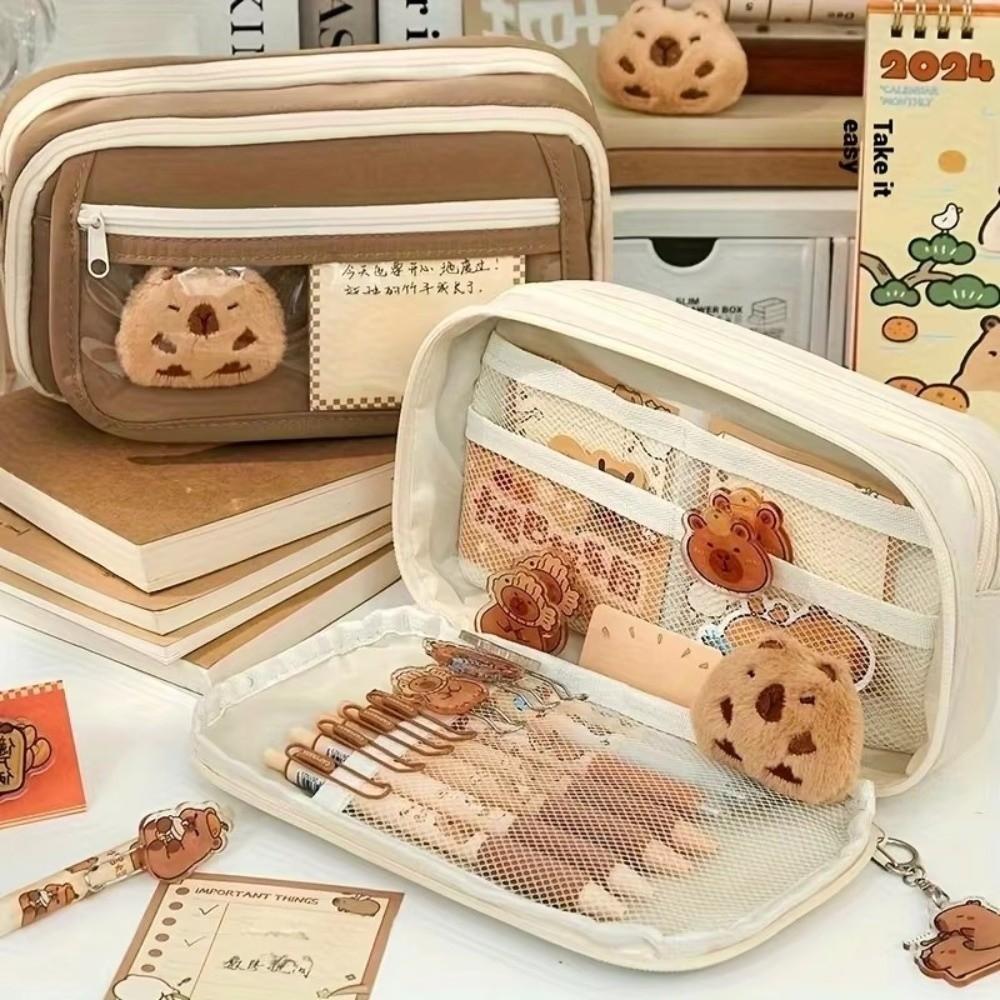 7Pcs Zipper Closure Capybara Pencil Case Large Capacity Stationery Bag Pen Bag  Office Use