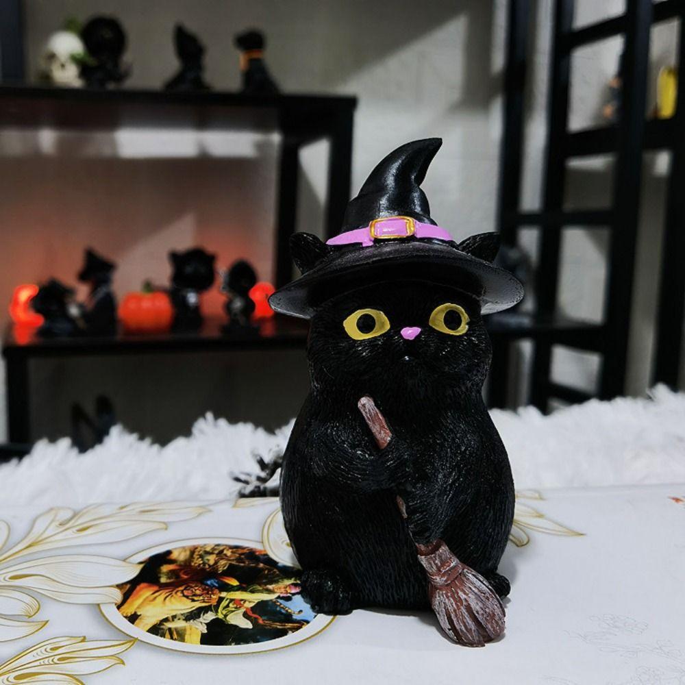 

Маленькая фигурка кошки-ведьмы, украшение из смолы, летающая метла, кошка, дом