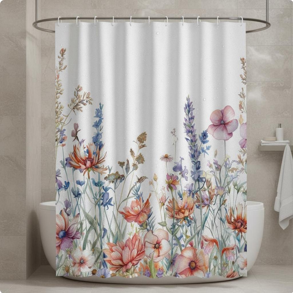 Floral Shower Curtain Waterproof Floral Print Bath Curtain Machine Easy-Care Quick-Drying