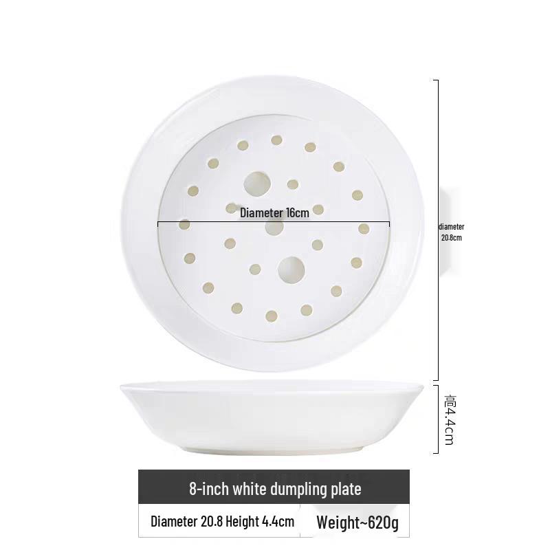 Lead-Free Pure White Bone China Double-Layer Dumpling Plate & Colander - Microwave Safe