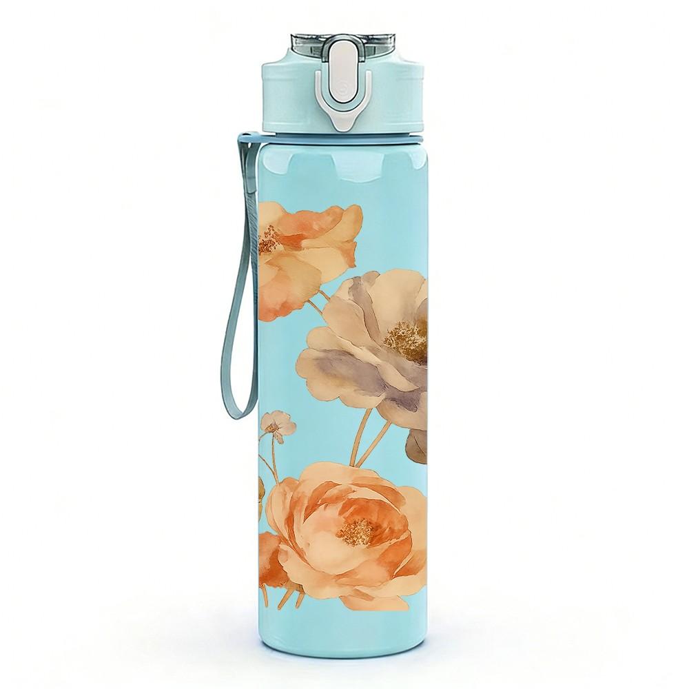 1PC Vintage Brown Rose Floral Print 750ml Color Plastic Sports Water Bottle Leakproof Flip Straw Lid Suitable for Sports Office Home Use