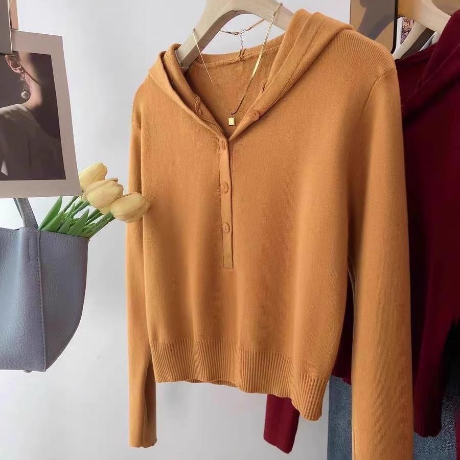 

Новый осенний вязаный свитер с капюшоном, модный новый простой и повседневный вязаный свитер с длинным рукавом в качестве базового слоя для женщин one size оранжевый