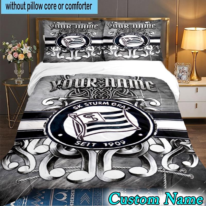 Benutzerdefinierter Name Sturm Graz Fußballwappen 3-teiliges Bettwäscheset für Schlafzimmer Studentenwohnheim, inklusive 1 Bettbezug und 2 Kissenbezügen, große Größe, Fangeschenk