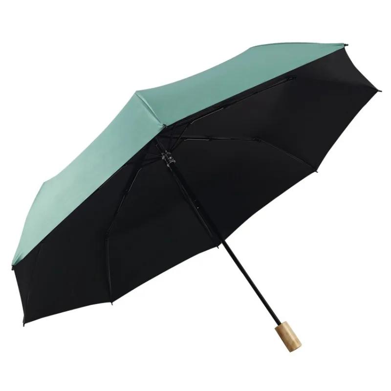 Simple Plain Triple Folding Umbrella Solid Wood Handle Girls Partysu Vinyl Sun Umbrella Reinforced Umbrella