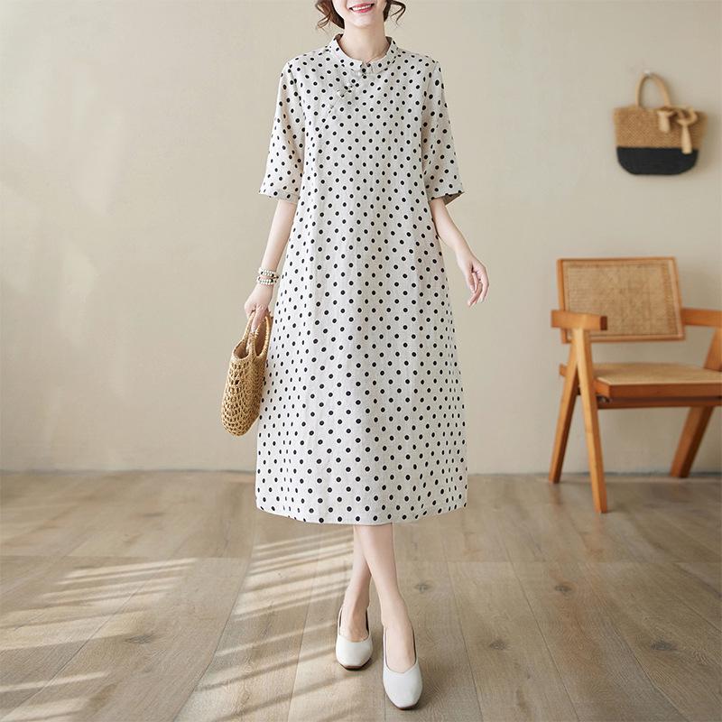 Summer 2026 Cotton Linen Polka Dot A-line Dress for Women
