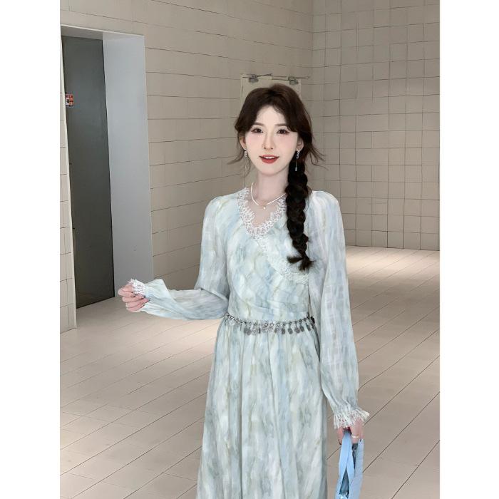 Coffee break French gentle wind dress women s spring new waist and thin super fairy temperament Mori long dress S