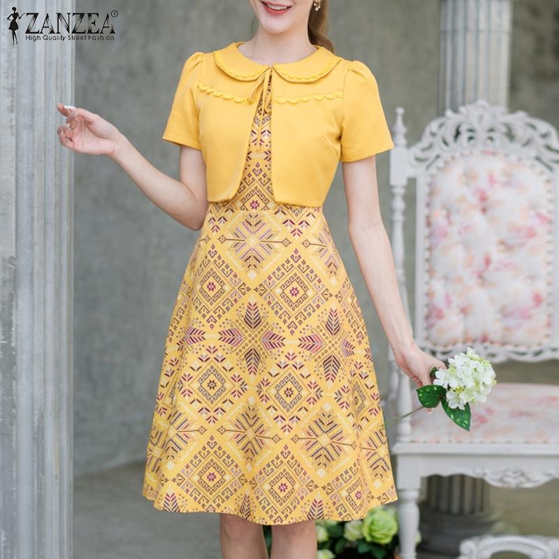 

ZANZEA Women Casual Fake Two Piece Patchwork Short Sleeve Print Dress S рожевий
