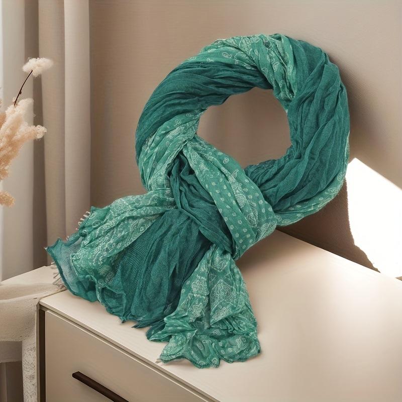 Retro Style Cotton and Linen Floral Scarf Long Color Blocked Ethnic Style Thin Shawl