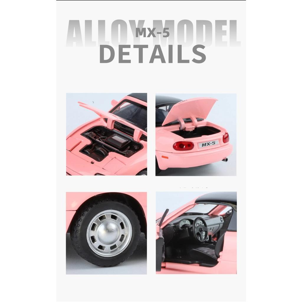1/24 Mazda Miata MX5 Roadster Toy Car Model Diecast Alloy Metal Miniature Vehicle Model Sound & Light Collection Gift for Boy