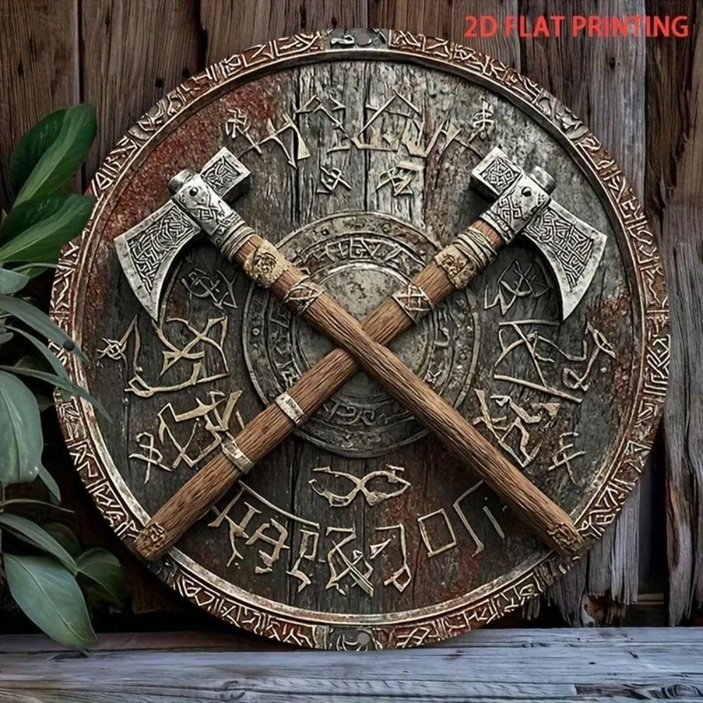 Scudo da Battaglia Vichingo Ascia Poster Metallico 8 Pollici Targhetta di Ferro Decorazione da Parete Robusta Rustica Segno Norreno
