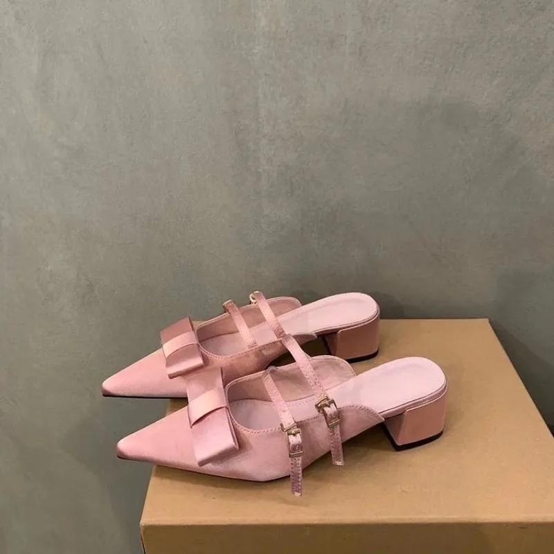 Fashion Women New Summer Pointed Toe Shallow Mouth Mary Jane Cool Drag Block Heel French Bow Wrapped Half Slippers